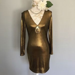 Metallic Gold Long Sleeve Body Con Mini Dress M
